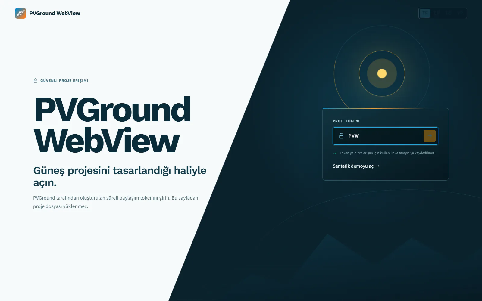 Token ekranı: proje kodunu girin, dosya yüklemek yok.